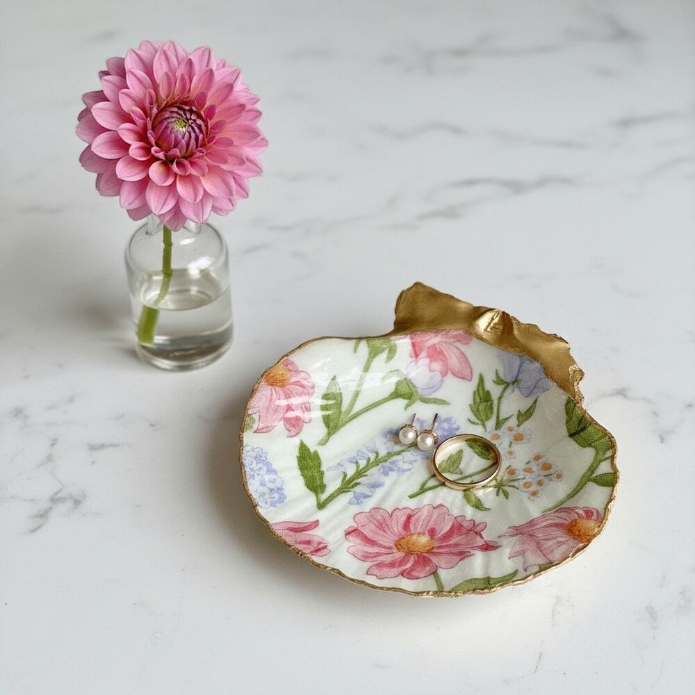 Wildflower Scallop Shell Dish Handmade Ring Dish Botanical Home Decor Gift